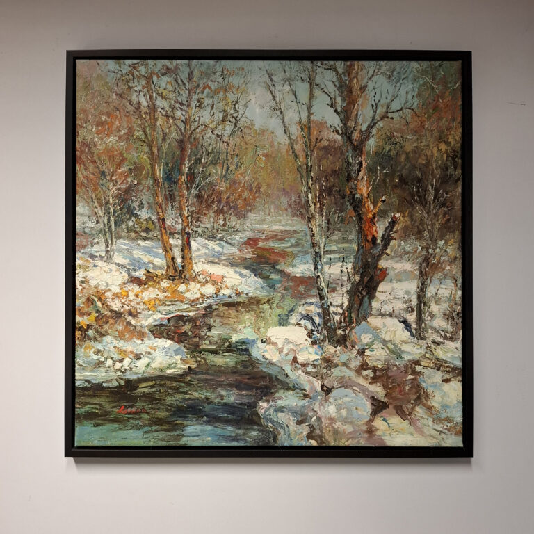 Winterlandschap in dikke klodders olieverf, onbekende kunstenaar, ingelijst.